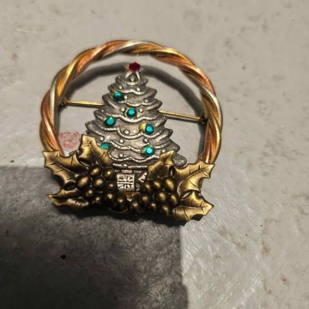 Vintage Metal Christmas Tree Brooch Holiday Pin 2"